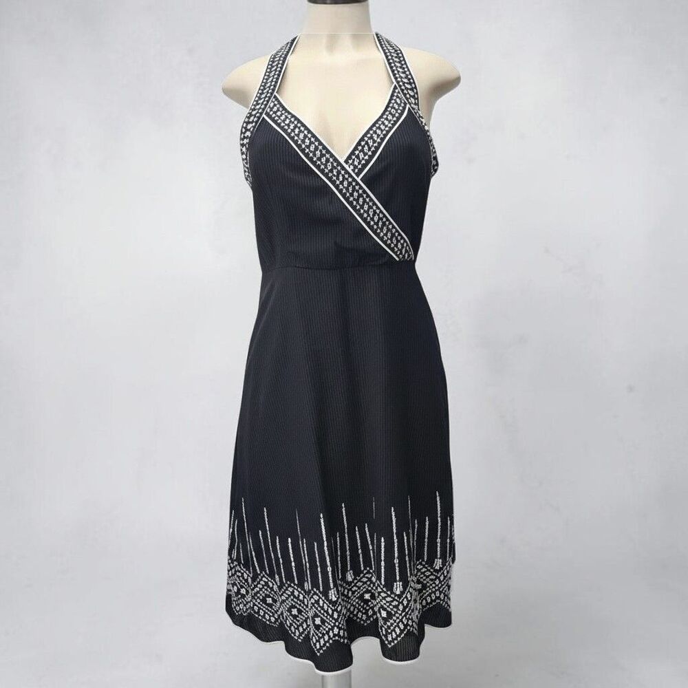 Spense Halter Dress Womens 8 Black Pinstripe White Embroidery Boho-Chic Coastal